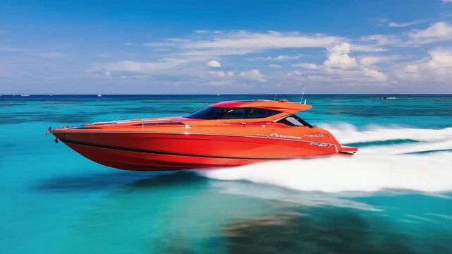 Vibrant orange speedboat racing across turquoise ocean under clear blue sky
