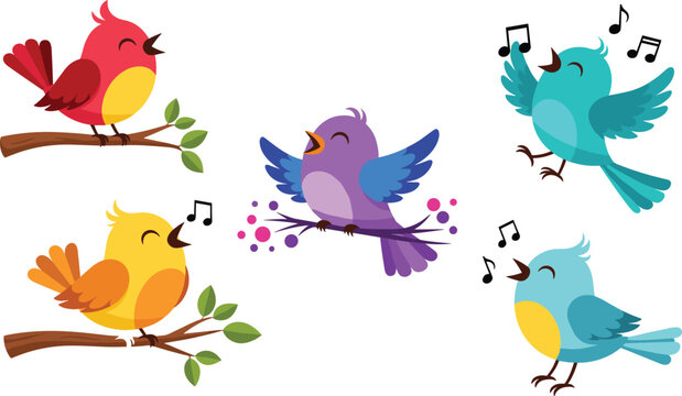 Colorful cute cartoon birds singing on branches with music notes flying isolated on white background cheerful vector illustration set