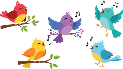 Cute colorful cartoon birds singing on branches vector illustration cheerful animals music nature kids design isolated background fun happy spring © Md