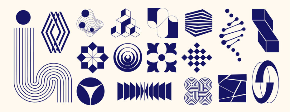Mid century modern geometric abstract vector set with blue minimal line symbols, retro shapes, circles, optical patterns and decorative modular elements for branding poster wallpaper design