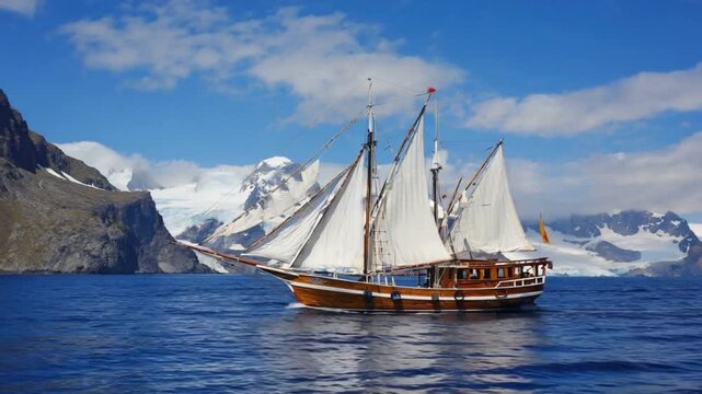 Traditional wooden schooner sailing near snowy mountains under clear blue sky in polar waters