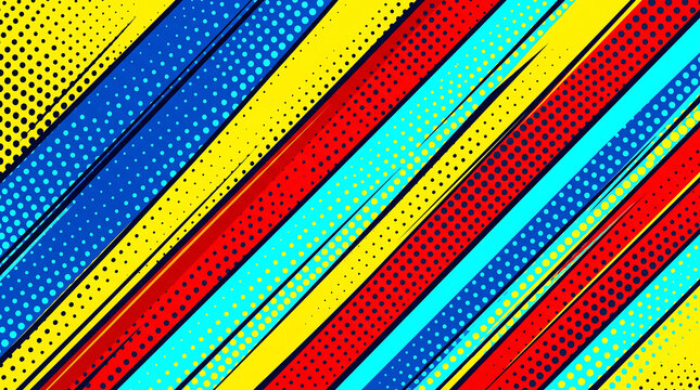 Energetic Retro Comic Book Background with Dynamic Diagonal Stripes and Halftone Dot Patterns, Creating a Vibrant Pop Art Layout for Action-Packed Designs