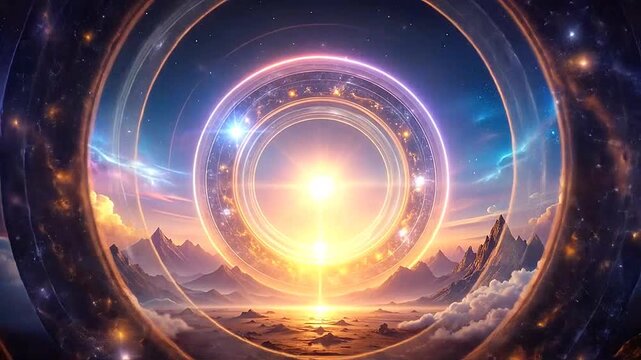 A bright, glowing portal in the sky above a mountainous landscape at sunset time