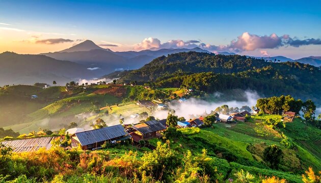 A hillside village nestled among green mountains, with a distant peak silhouetted against a sky of blue and golden hues