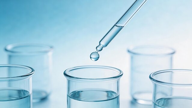 closeup of liquid in pipette dropping into glass beaker laboratory science experiment analysis medicine chemistry research equipment test tube measuring fluid droplet