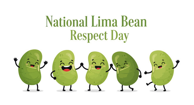 Cartoon lima beans cheerfully celebrate National Lima Bean Respect Day in a vector illustration, displaying healthy legumes with happy faces, conveying a vegan food concept against a clean