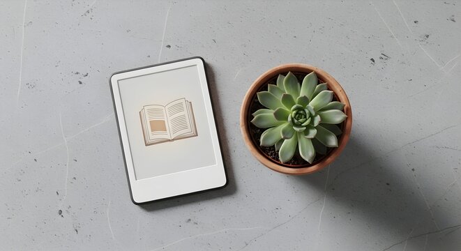 Electronic reader and succulent plant on gray surface for digital reading