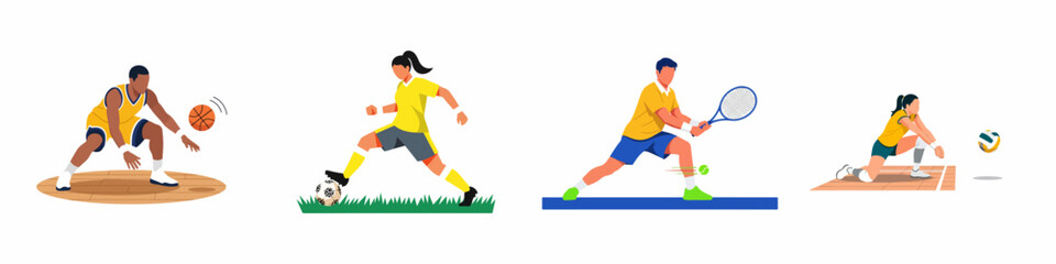 Obraz premium Flat vector illustration set of diverse athletes playing basketball, soccer, tennis, and volleyball, representing professional sports and active lifestyles.