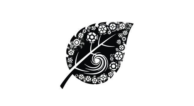 Leaf shaped design filled with intricate mechanical gears represents the synthesis of nature and industrial technology.