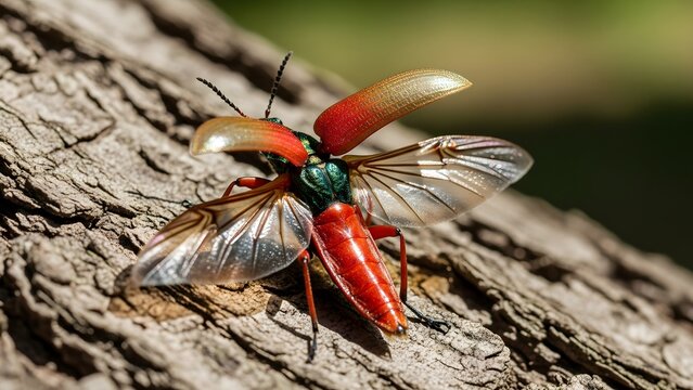 Vibrant jewel beetle with open wings crawling on a rough tree surface