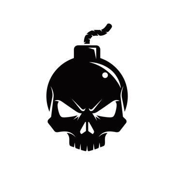 A black and white illustration of a skull with a bomb fuse sticking out of its head.