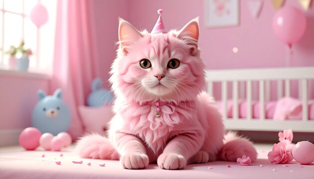 A fluffy pink cat with a party hat, in a nursery with balloons and a crib