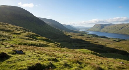 Fototapeta premium Rolling green hills meet a distant lake under a clear, bright sky