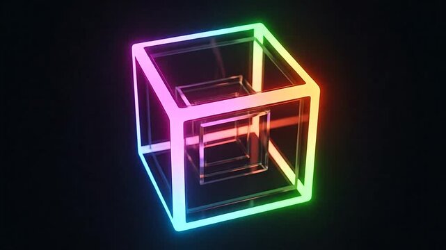 A glowing geometric cube with a colorful neon outline on a dark background. Modern abstract art