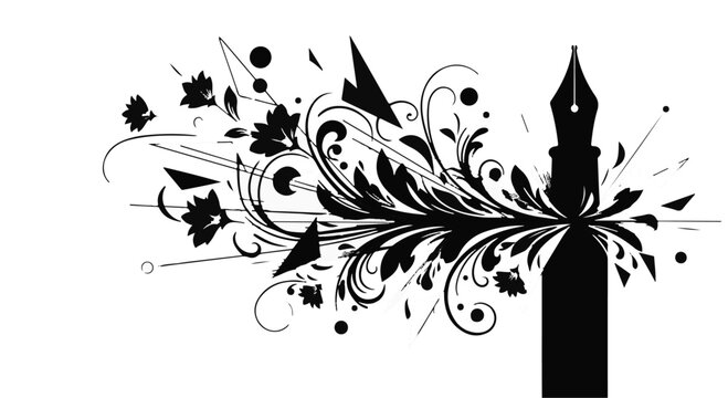 Fountain pen nib creates an artistic burst of swirling floral motifs and decorative elements to represent creative writing and professional literary design.