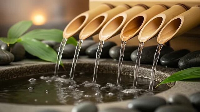 Water flows from bamboo pipes into a stone basin, creating a tranquil and serene atmosphere