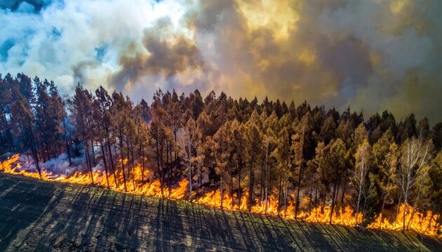 Forest fire raging at night with smoke plumes and glowing embers.