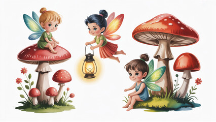 Obraz premium Whimsical Forest Fairy Lantern Collection Cute Mushroom Garden Spirits in Soft Watercolor Style