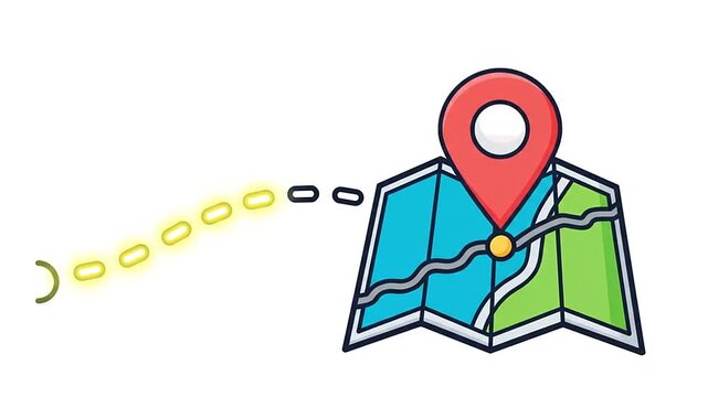 A colorful illustration of a folded map with a route and a location marker on a white background