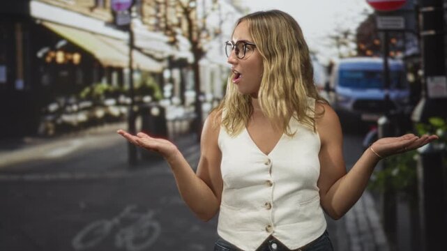 Woman with glasses and open palms shrugs on a city street in front of a cafe and parked van, showing an open mouthed questioning look; surprise questioning.