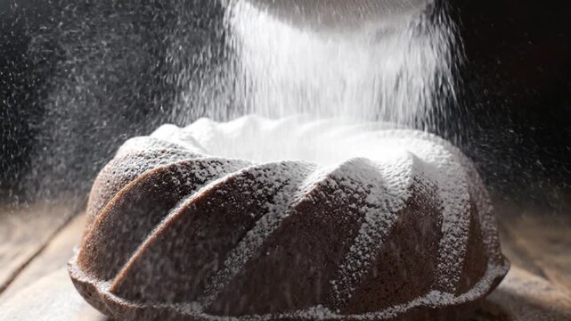 Sifting Powdered Sugar over a Freshly Baked Chocolate Bundt Cake