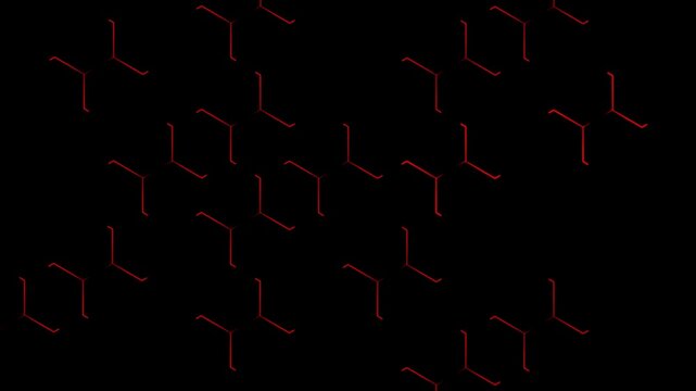 Red hexagon outlines flicker and reveal themselves across a black background in a tech pattern.