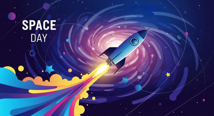 Rocket ship blasting off into space on space day with vibrant trail © Rehan