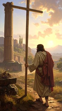 Man carrying cross on stone path.