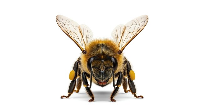 Close-up of a buzzing bee with pollen baskets on its legs, highlighting its intricate details and the importance of pollinators in nature