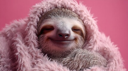 Fototapeta premium Cute Sloth Wrapped in Pink Blanket Cozy Animal Comfort Wildlife Portrait Concept