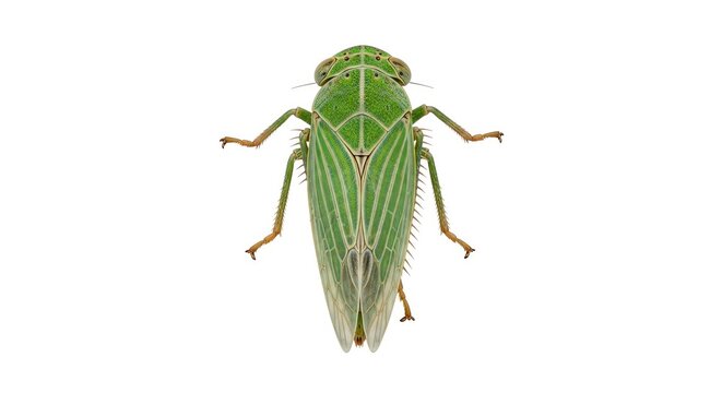 A detailed close-up studio shot of a vibrant green leafhopper insect, showcasing its intricate wings and body against a clean white background