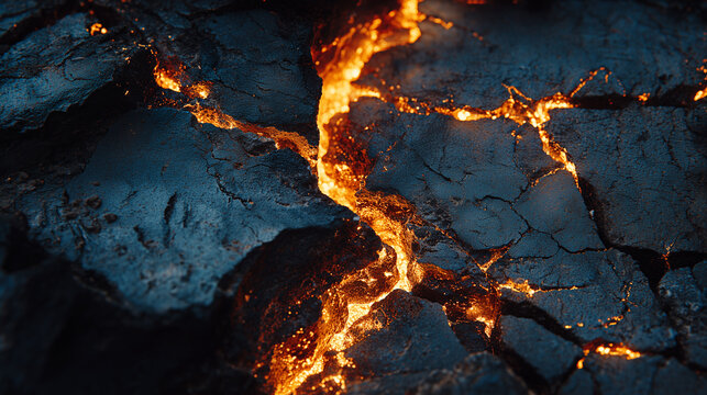 地殻変動でひび割れた地面から溢れ出す熱い溶岩の抽象背景