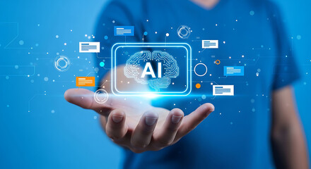 Fototapeta premium Artificial intelligence concept with hand holding glowing brain icon