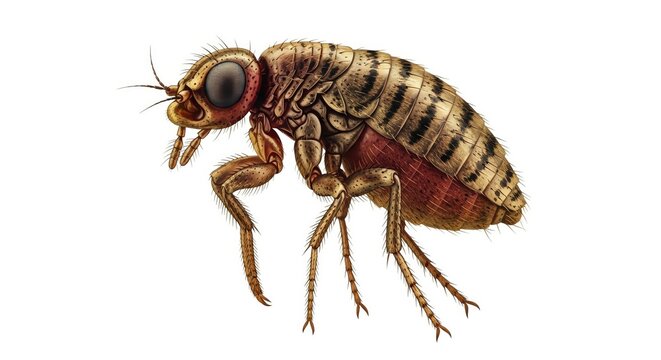 Detailed scientific illustration of a unique prehistoric insect, featuring a striped body, prominent eyes, and intricate leg structure, against a clean white background