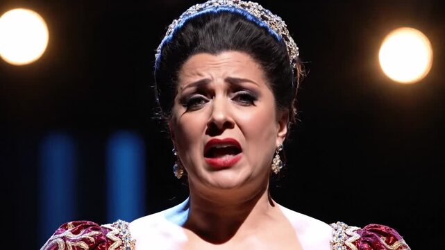 Vocalist Performs Passionately. Opera Singer Expresses Deep Emotion. Female Performer Delivers Powerful Operatic Aria. Emotive Soprano Captivates Audience With Dramatic Singing Performance