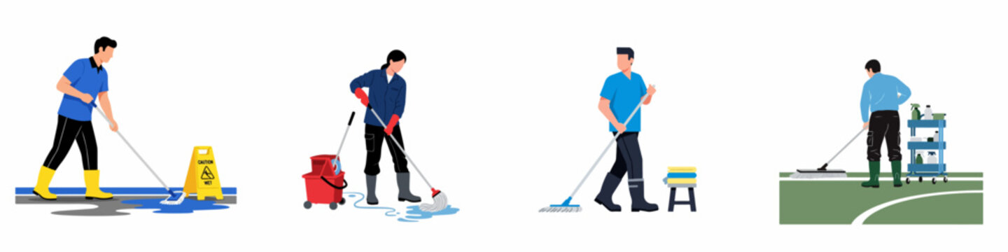 Set of professional janitors mopping floors in different scenarios, featuring cleaning equipment like buckets, caution signs, and supply carts.