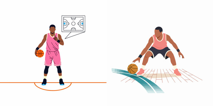 Flat vector illustration of a male basketball player dribbling and showing game tactics with a court diagram, set on a white background.