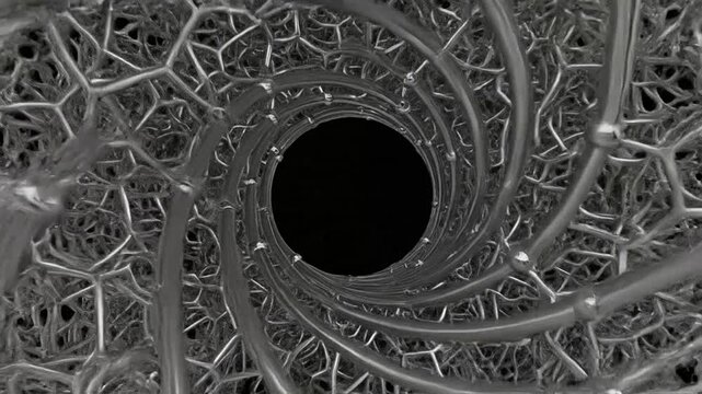 Abstract metallic structure with a spiral design and a dark central void in the middle