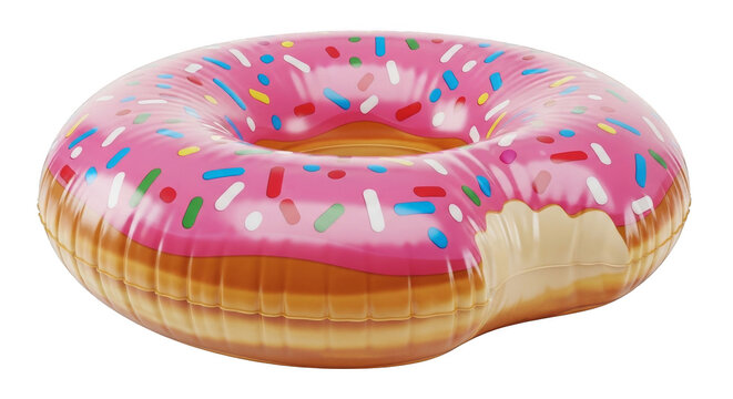 A pink frosted donut shaped inflatable pool float with colorful sprinkles and a bite taken out.