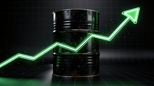 A black oil barrel with a rising green arrow, symbolizing increasing prices or demand in the oil market, set against a dark grid background.