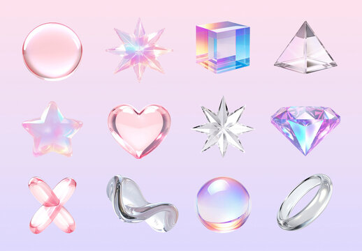 Colorful 3D Glass Shapes Collection Design Set