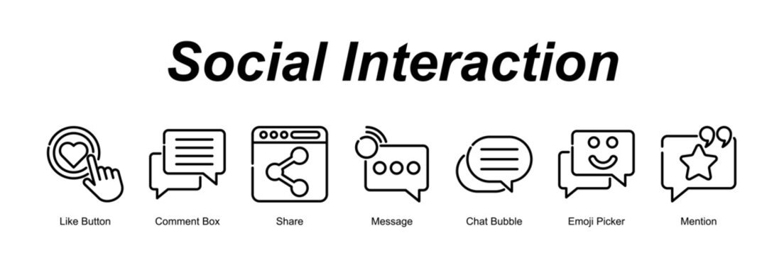 Social Interaction banner web icon vector illustration concept with an icon of Like Button, Comment Box, Share, Message, Chat Bubble, Emoji Picker, Mention  