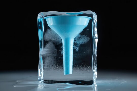 funnel frozen inside ice block on dark background. Business sales bottleneck