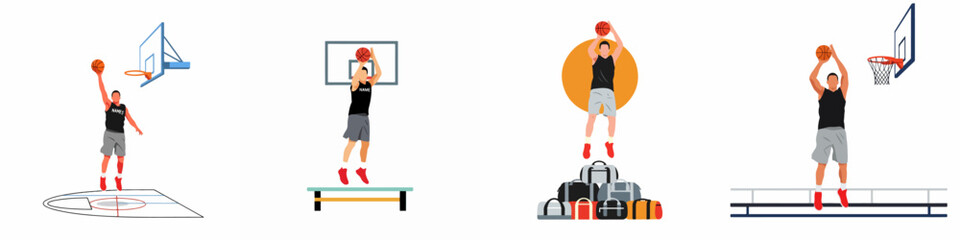 Set of basketball player flat illustrations showing jumping, shooting, and dunking actions on court, platform, and over obstacles on white background. © Nadya