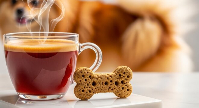 Coffee and dog treat on table.
