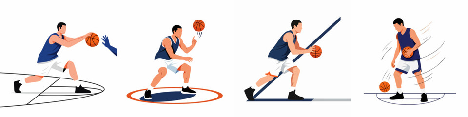 Naklejka premium Set of Basketball Player Characters in Action Including Dribbling and Passing Isolated on White Background
