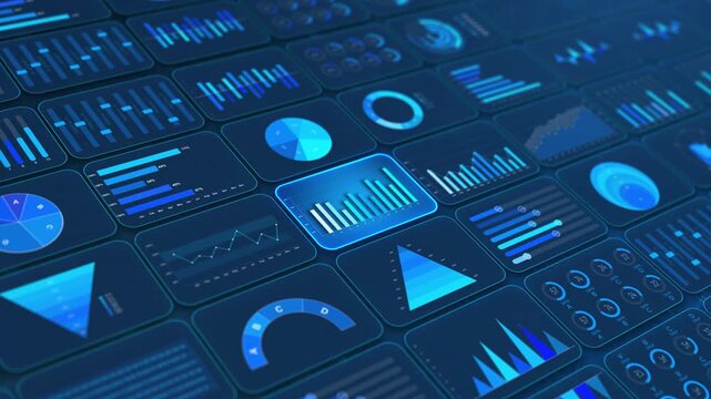 Human Hand click on Digital Business Analytics Dashboard Financial Charts Graphs. 3D interface displaying bar charts, pie graphs, data statistics. Financial market analysis corporate report background