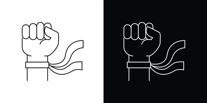 Single icon of symbolic fist with ribbon representing protest and human rights advocacy, abstract graphic