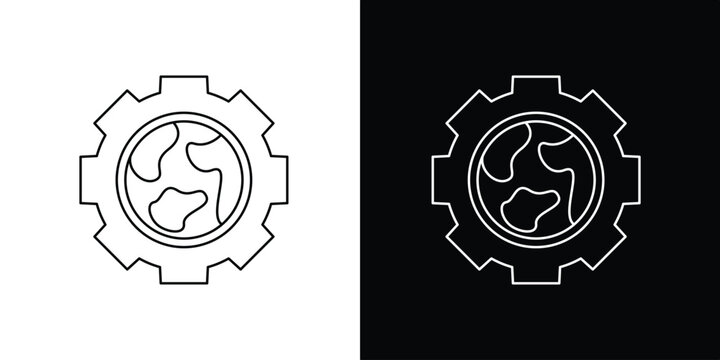 Single icon of conceptual line art illustration of Earth within a gear, symbolizing global industrial progress and technological impact and connectivity