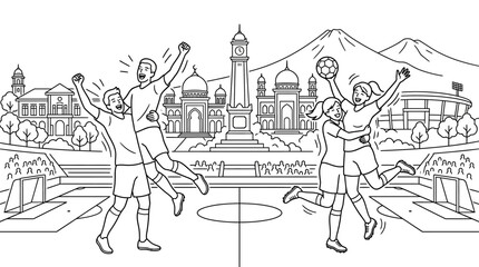 Fototapeta premium Soccer Fans Celebrate Goal in Front of Landmarks